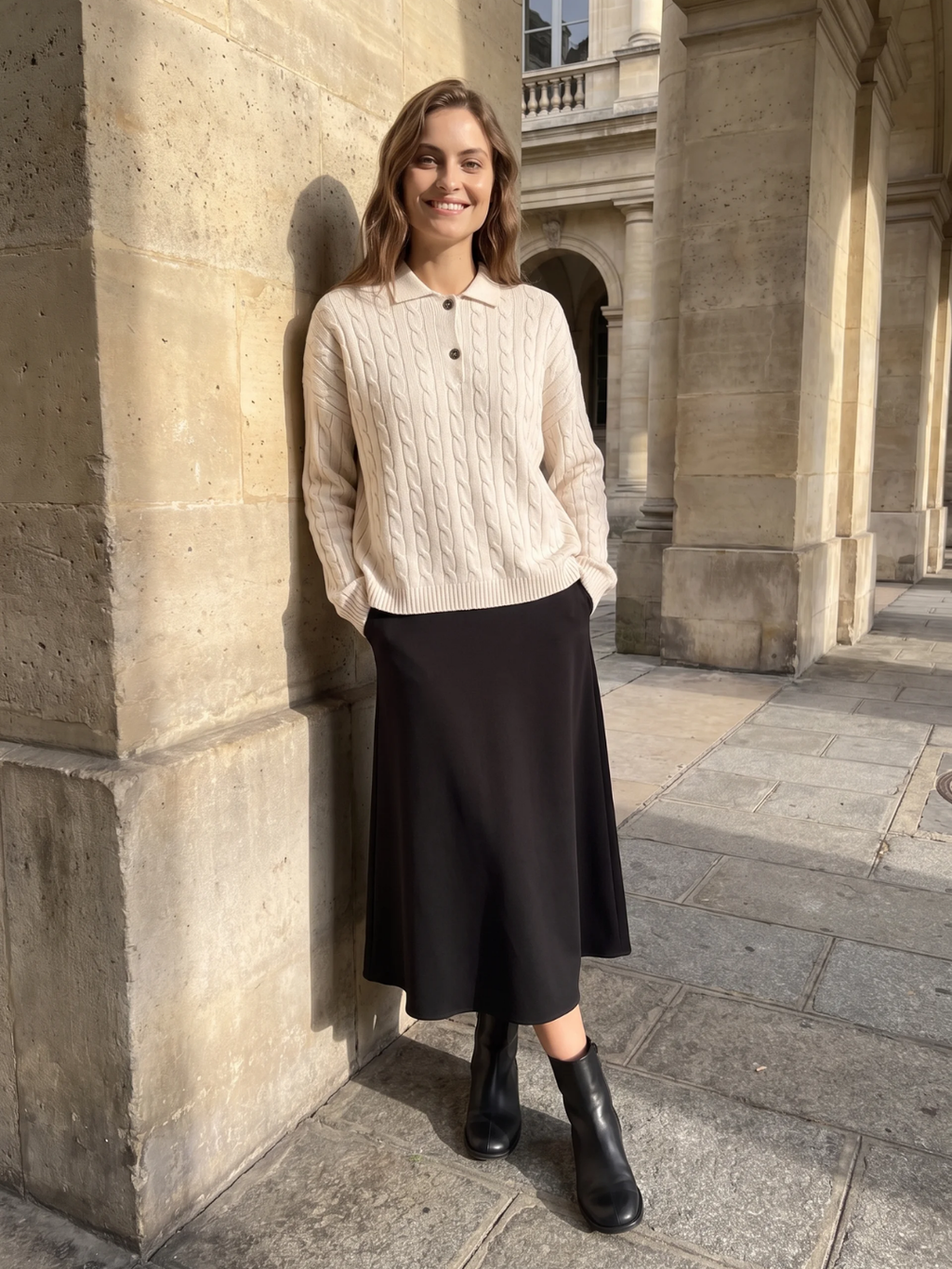 Catherine | Cable Knit Polo Jumper, Half-Button Winter Pullover