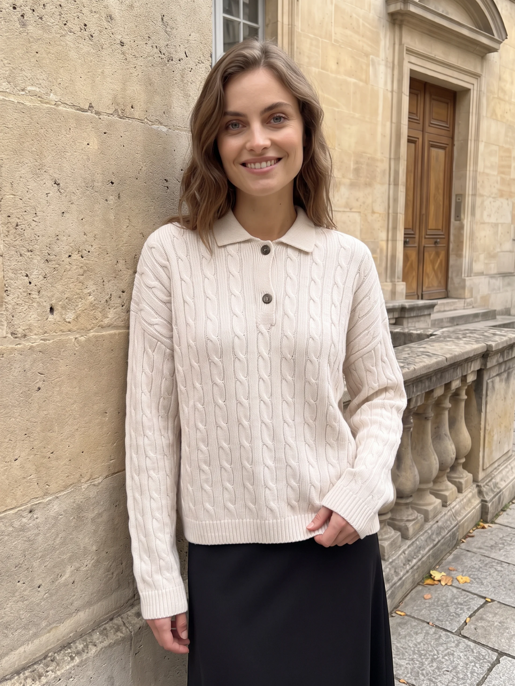 Catherine | Cable Knit Polo Jumper, Half-Button Winter Pullover