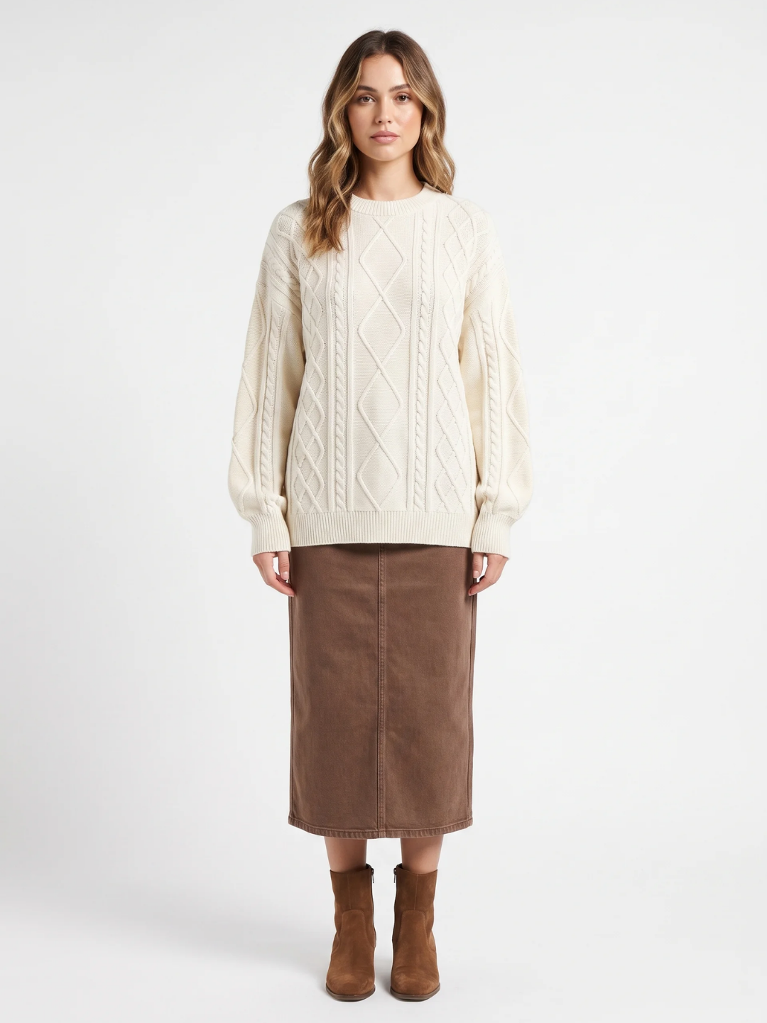 Vivienne | Diamond Cable Knit Jumper, Chunky Crew Neck Winter Sweater