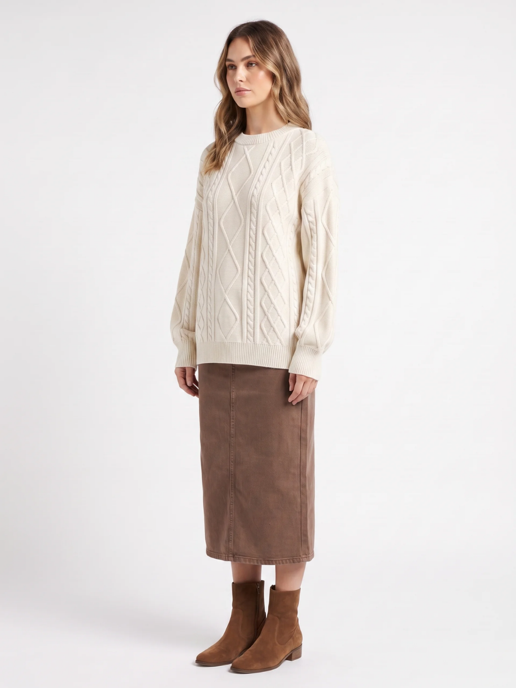 Vivienne | Diamond Cable Knit Jumper, Chunky Crew Neck Winter Sweater