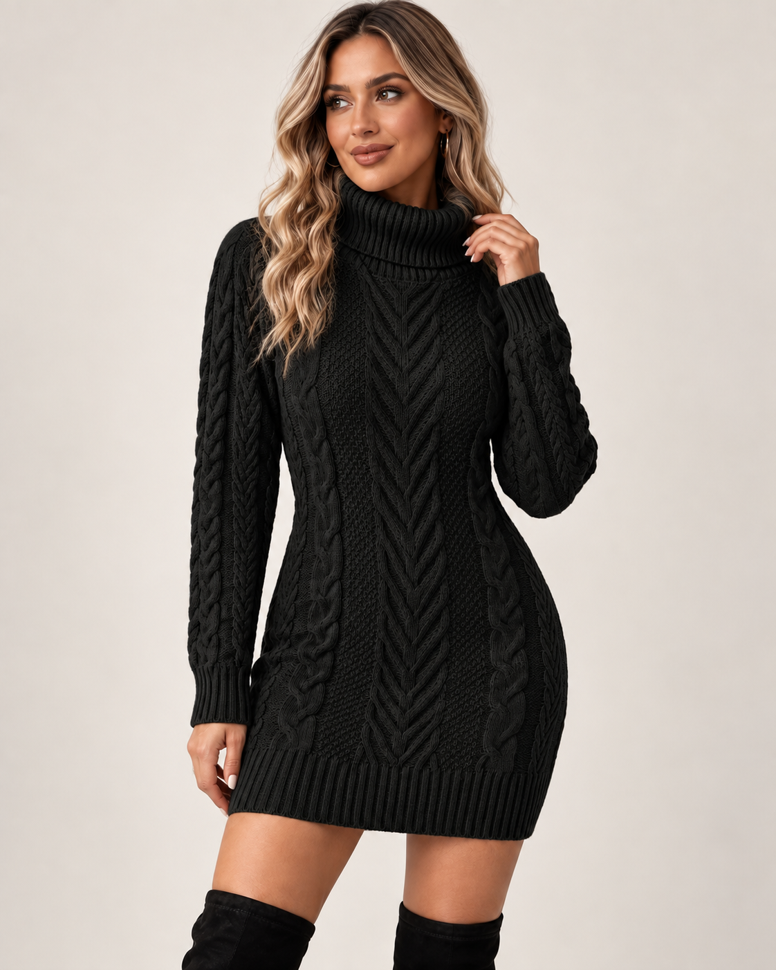 Claudine | Cosy Cable Knit Jumper Dress for Women with High Roll Neck