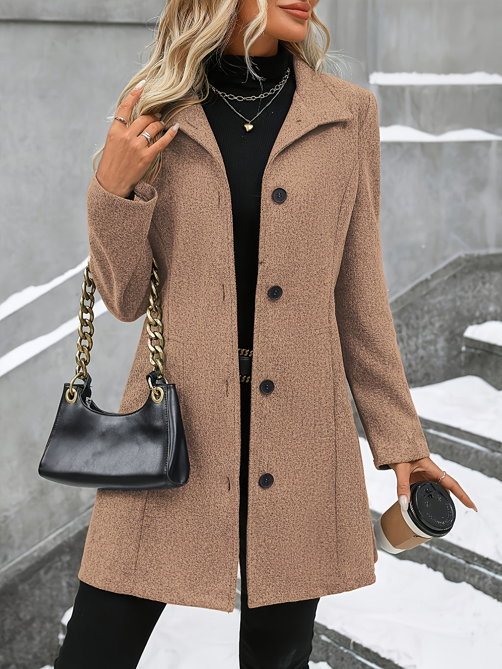 Fashion Women'S Elegant Tweed Coat Trendy Slim Solid Color Stand-Up Collar Tweed Overcoat