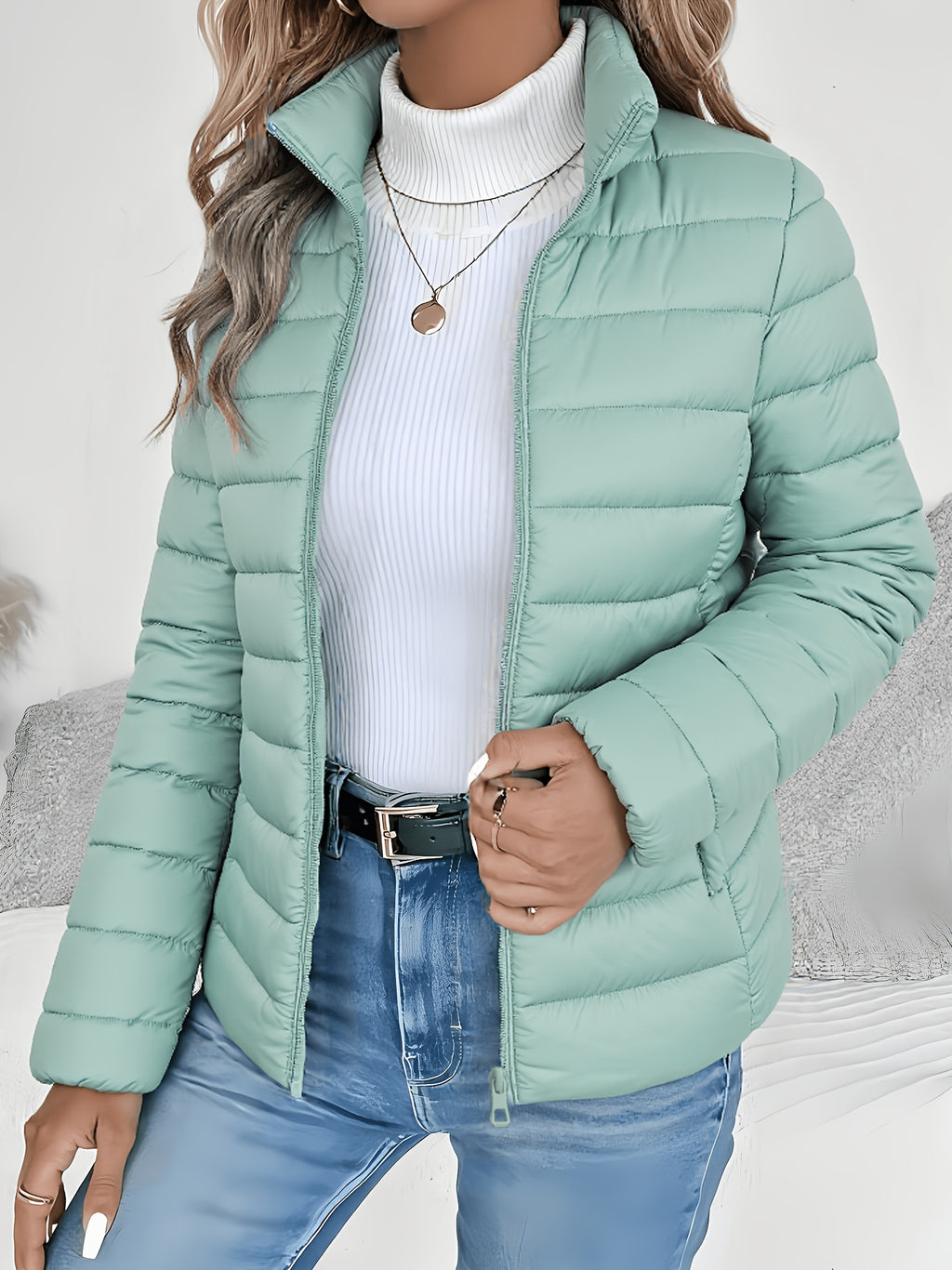 Women's Spring Slim-Fit Lightweight Warm Solid Color Jacket - Elegant, Stylish, and Versatile Beautiful Jacket - Stand Collar Zipper Long Sleeve - Casual Padded Polyester Fiber Cropped Coat - Seasonal Transition Jacket - High-Quality Classic Popular