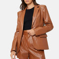 Leather Blazer Womens Oversized Fit Notch Lapel One Button
