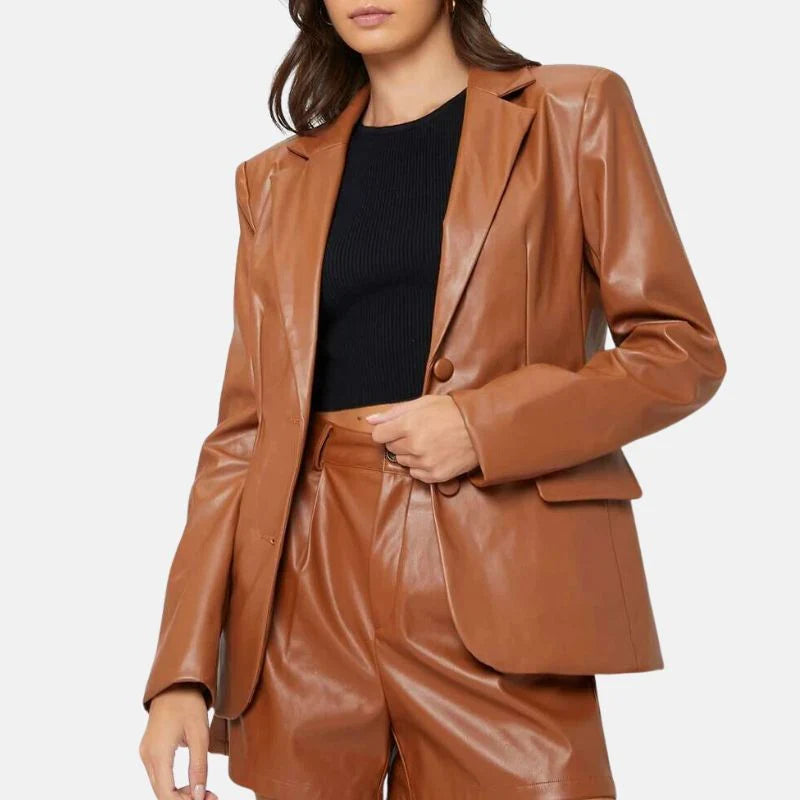 Leather Blazer Womens Oversized Fit Notch Lapel One Button