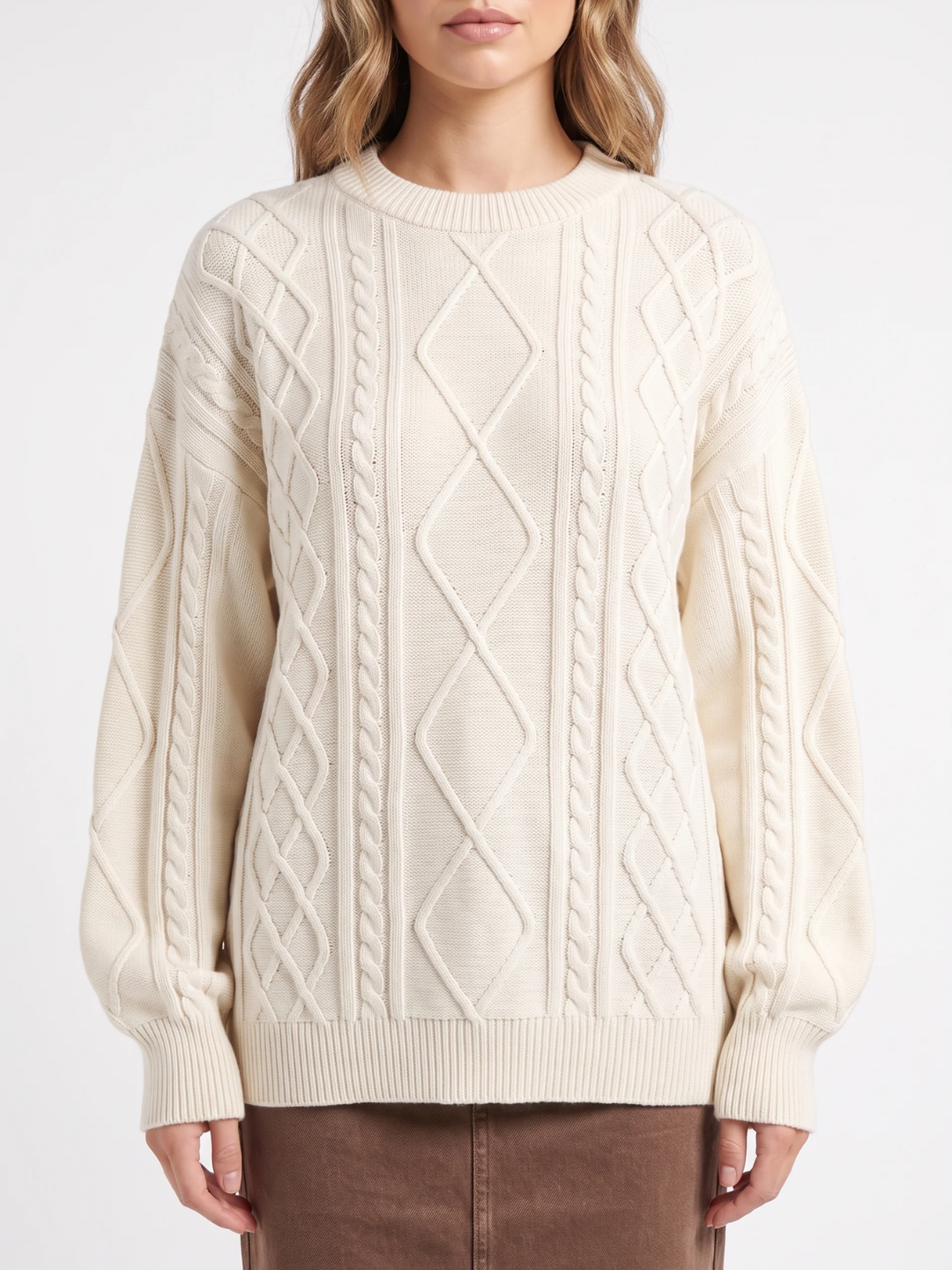 Vivienne | Diamond Cable Knit Jumper, Chunky Crew Neck Winter Sweater