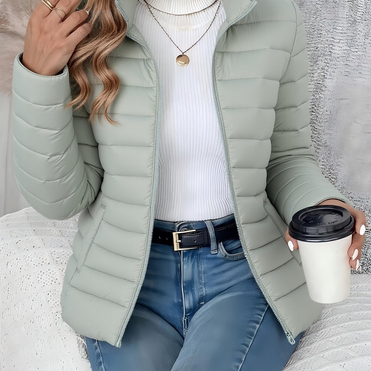 Women's Spring Slim-Fit Lightweight Warm Solid Color Jacket - Elegant, Stylish, and Versatile Beautiful Jacket - Stand Collar Zipper Long Sleeve - Casual Padded Polyester Fiber Cropped Coat - Seasonal Transition Jacket - High-Quality Classic Popular