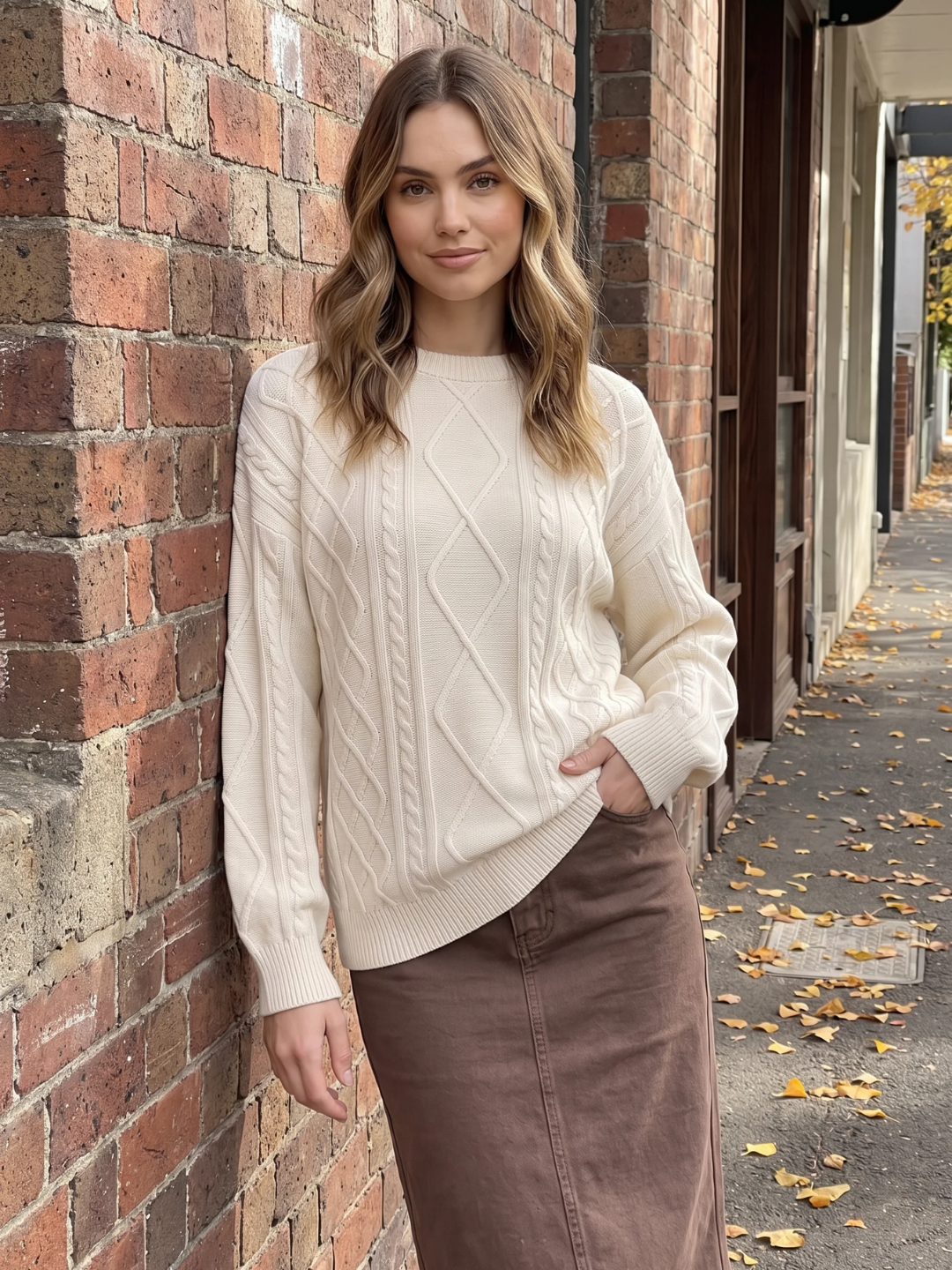 Vivienne | Diamond Cable Knit Jumper, Chunky Crew Neck Winter Sweater