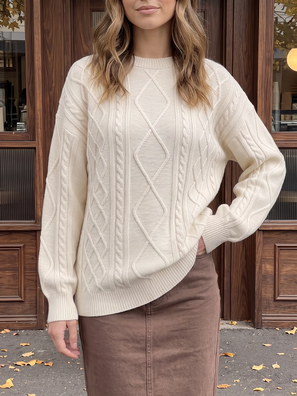 Vivienne | Diamond Cable Knit Jumper, Chunky Crew Neck Winter Sweater