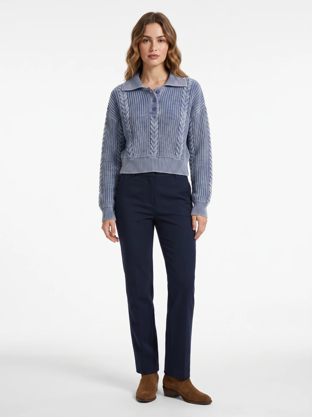 Beatrice | Chunky Cable Knit Polo Jumper, Cropped Acid Wash Winter Sweater