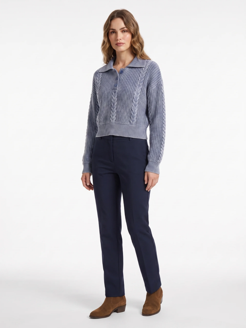 Beatrice | Chunky Cable Knit Polo Jumper, Cropped Acid Wash Winter Sweater