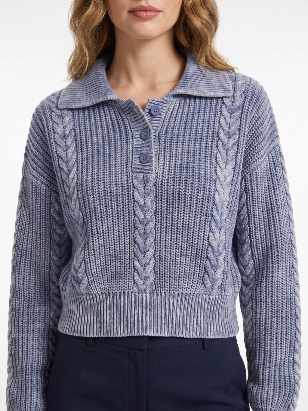 Beatrice | Chunky Cable Knit Polo Jumper, Cropped Acid Wash Winter Sweater
