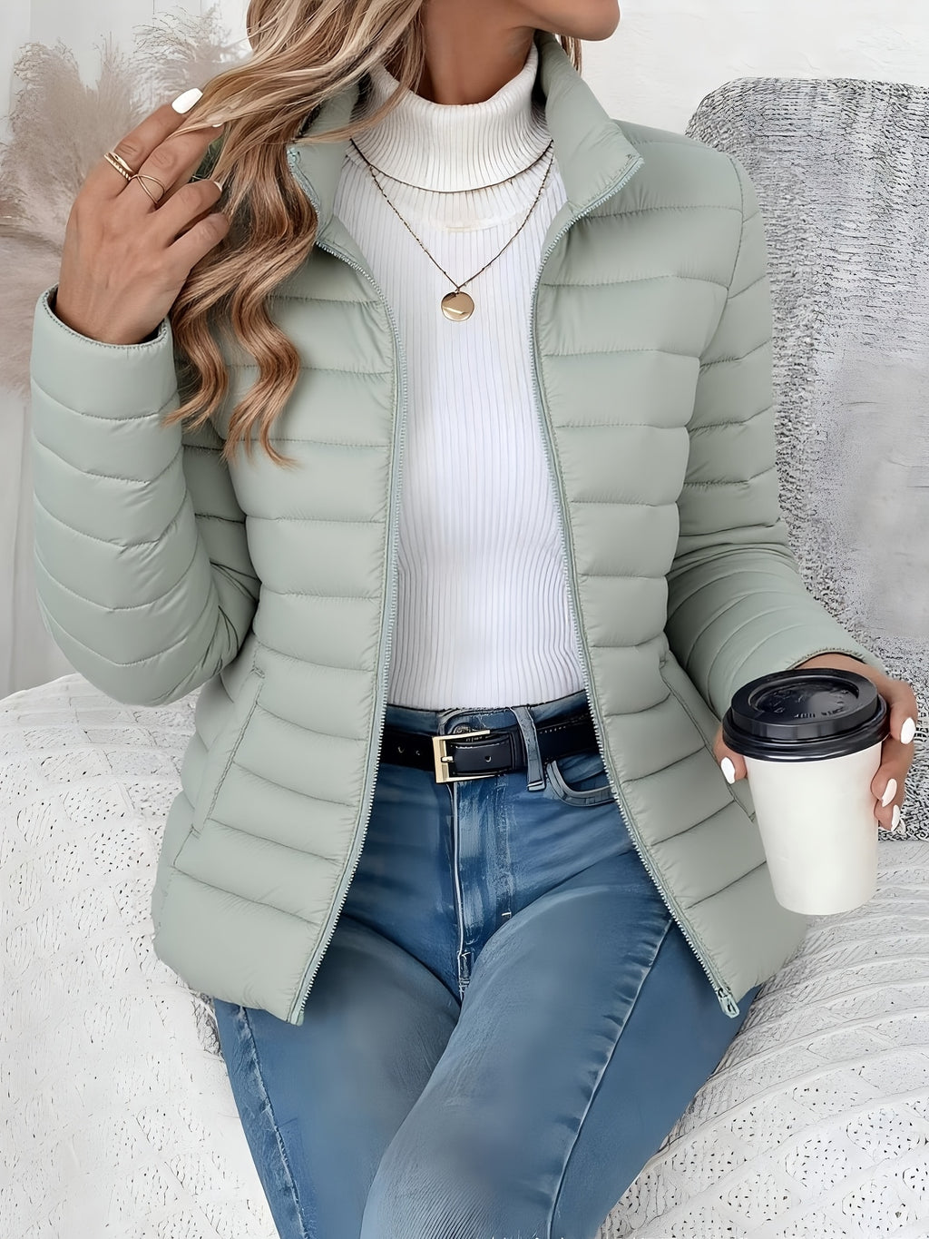 Women's Spring Slim-Fit Lightweight Warm Solid Color Jacket - Elegant, Stylish, and Versatile Beautiful Jacket - Stand Collar Zipper Long Sleeve - Casual Padded Polyester Fiber Cropped Coat - Seasonal Transition Jacket - High-Quality Classic Popular