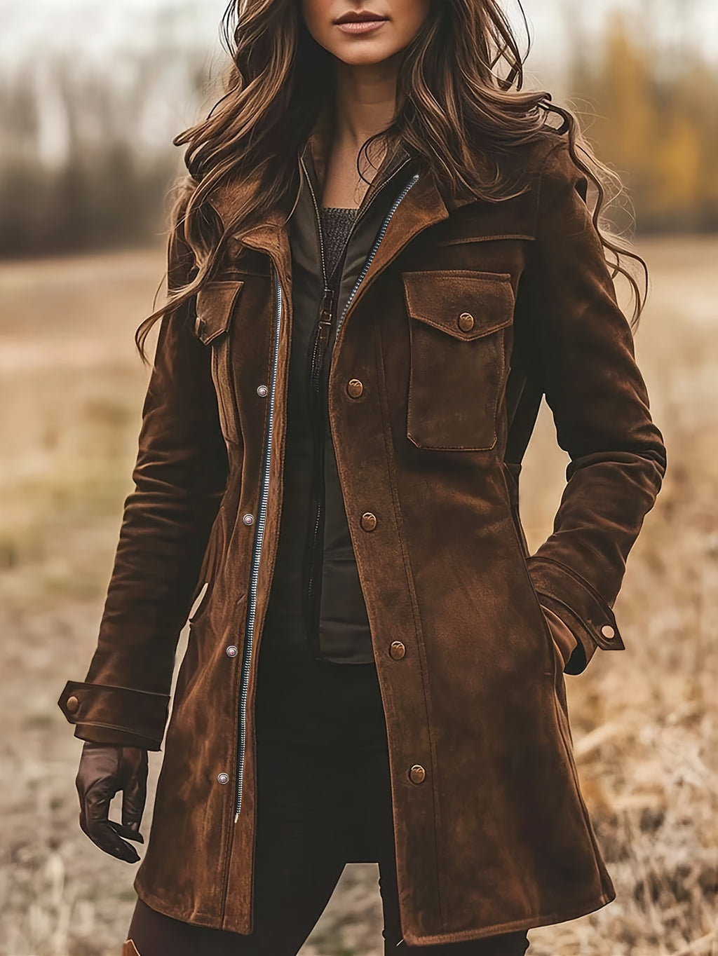 Women's Vintage Deerskin Coat, Mid-Length Lapel Jacket with Golden Tone Buttons, Warm Winter Coat Elegant Casual Semi-Formal, Suitable for Autumn and Winter, Durable Versatile Clothing, Classic Seasonal Wardrobe, Brown