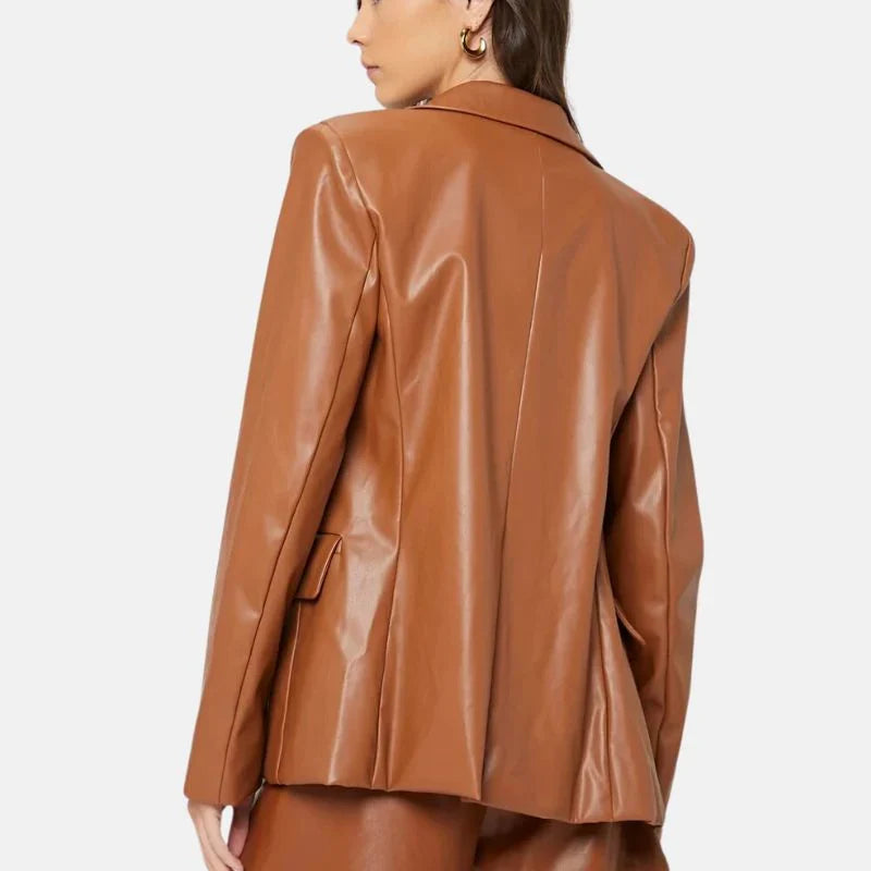 Leather Blazer Womens Oversized Fit Notch Lapel One Button