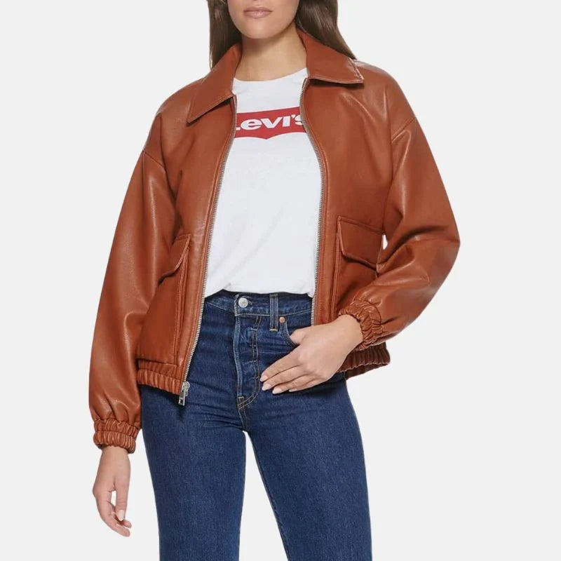 Leather Bomber Jacket Womens Aviator A2 Flight Ribbed Cuffs