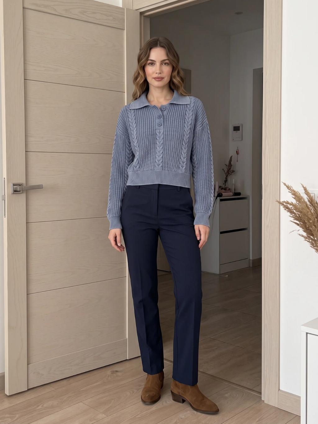 Beatrice | Chunky Cable Knit Polo Jumper, Cropped Acid Wash Winter Sweater