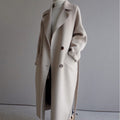 Women's Double-Breasted Belted Long Coat with Notch Lapel