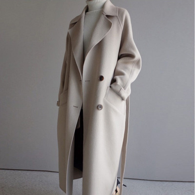 Women's Double-Breasted Belted Long Coat with Notch Lapel