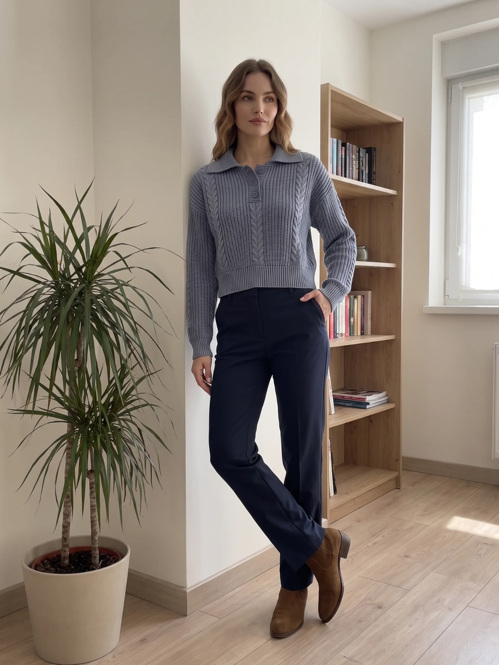 Beatrice | Chunky Cable Knit Polo Jumper, Cropped Acid Wash Winter Sweater