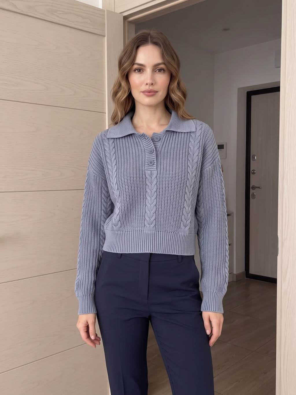 Beatrice | Chunky Cable Knit Polo Jumper, Cropped Acid Wash Winter Sweater