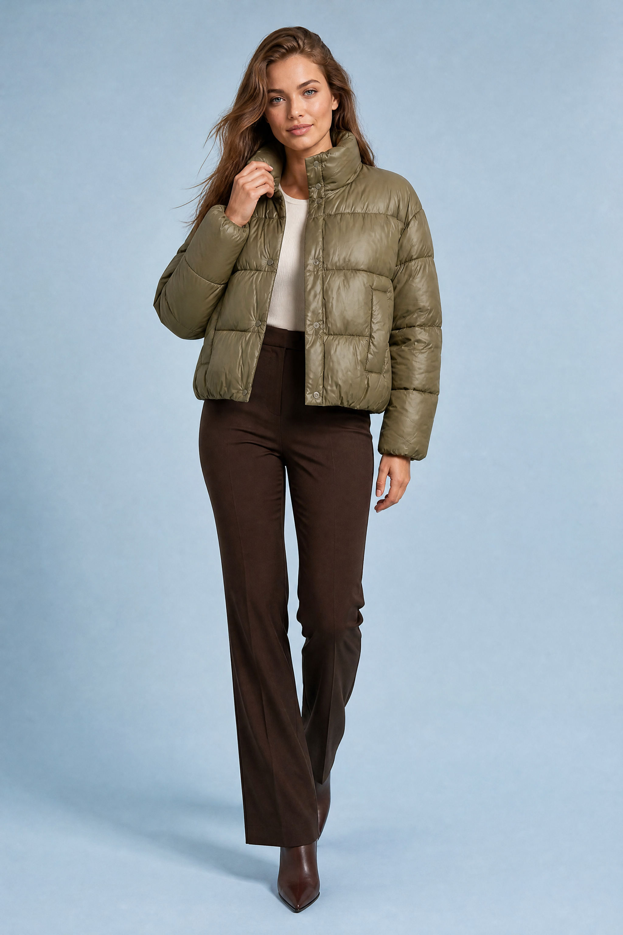 Olive Quilted High-Neck Puffer Jacket
