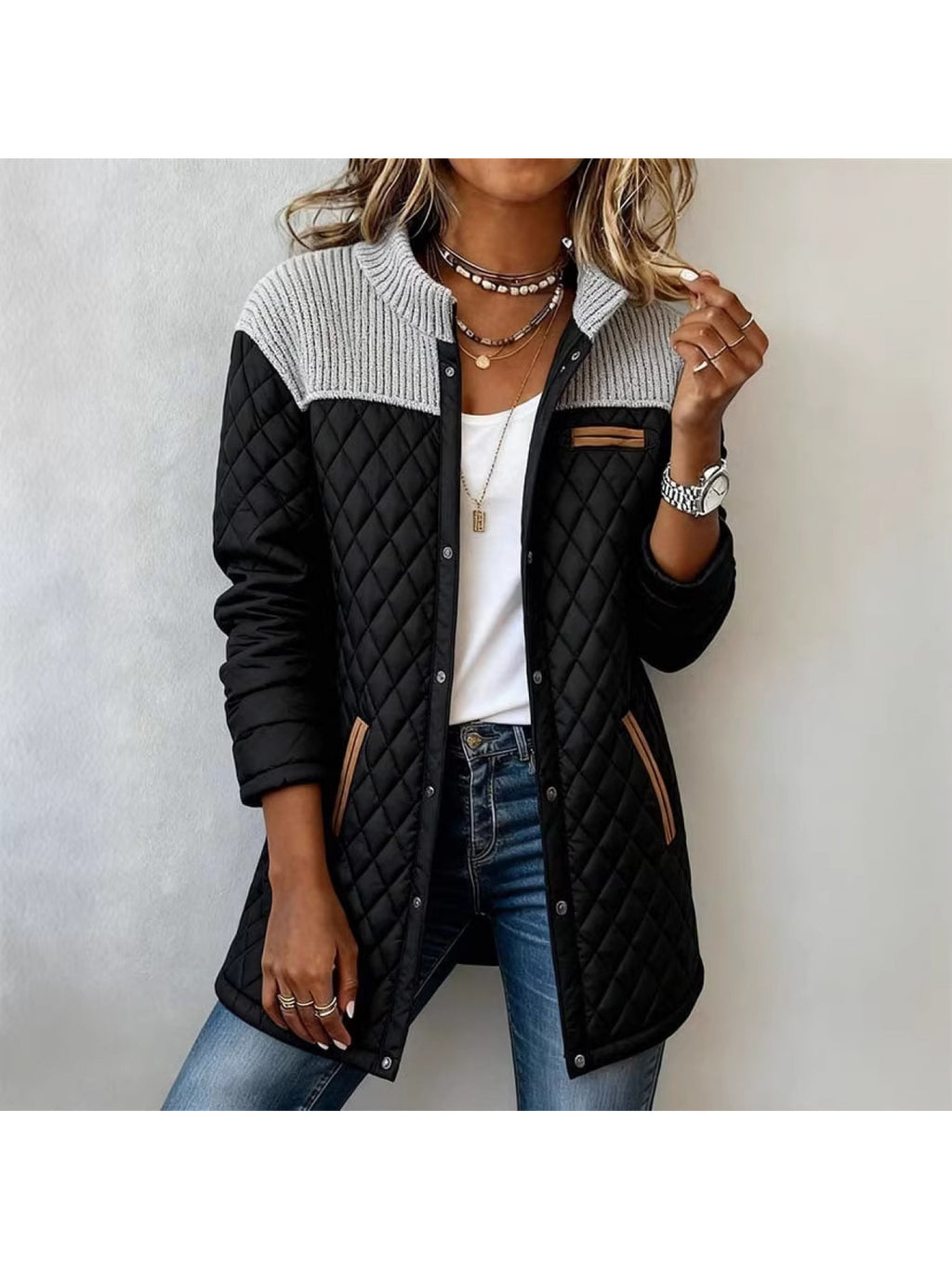 2026 Fall Winter Women'S Black Coat with Spliced Round Neck, Long Sleeves, Pockets, Loose Fit, And Diamond Quilted Padding