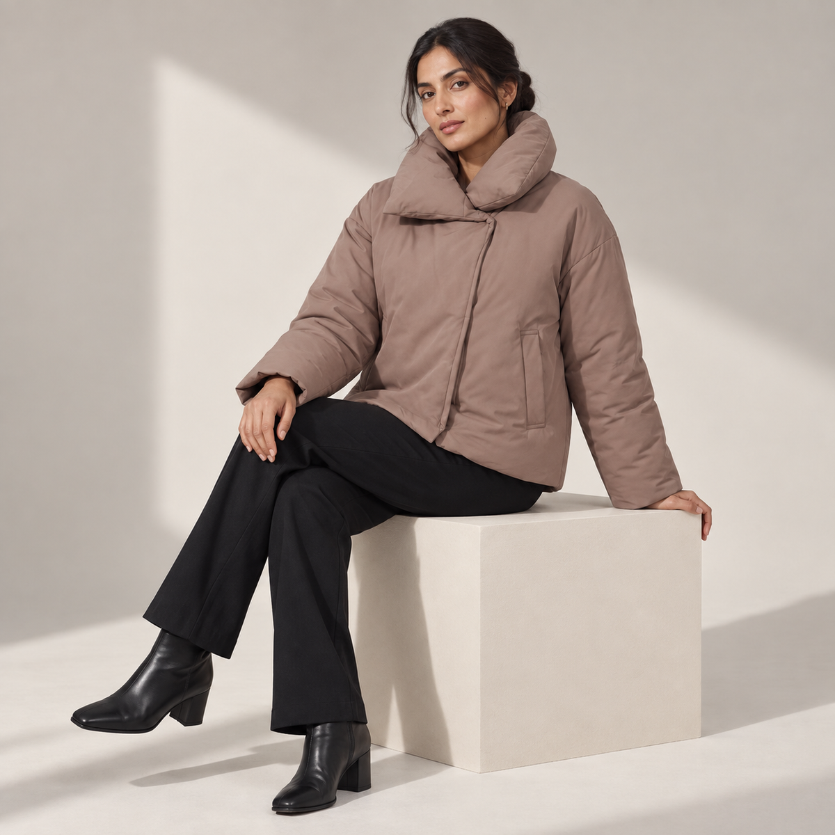 Delphine | Effortless Womens Brown Puffer Coat with Oversized Contemporary Fit