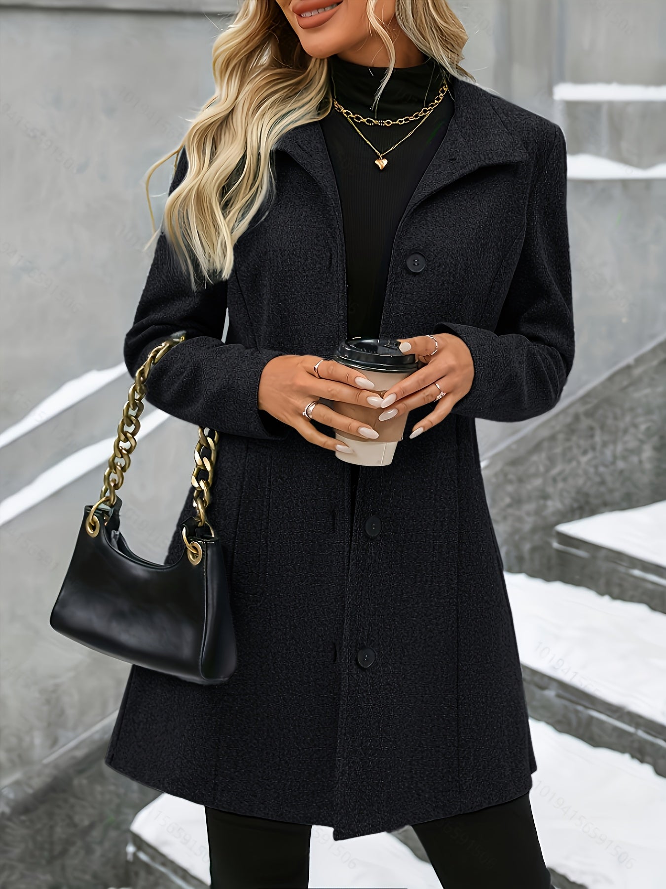 Fashion Women'S Elegant Tweed Coat Trendy Slim Solid Color Stand-Up Collar Tweed Overcoat