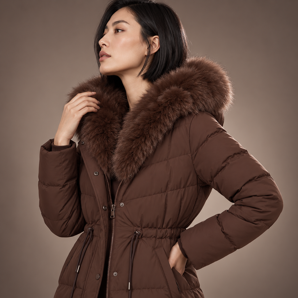 Celestine | Elegant Brown Puffer Coat for Women with Longline Shape & Faux-Fur Hood