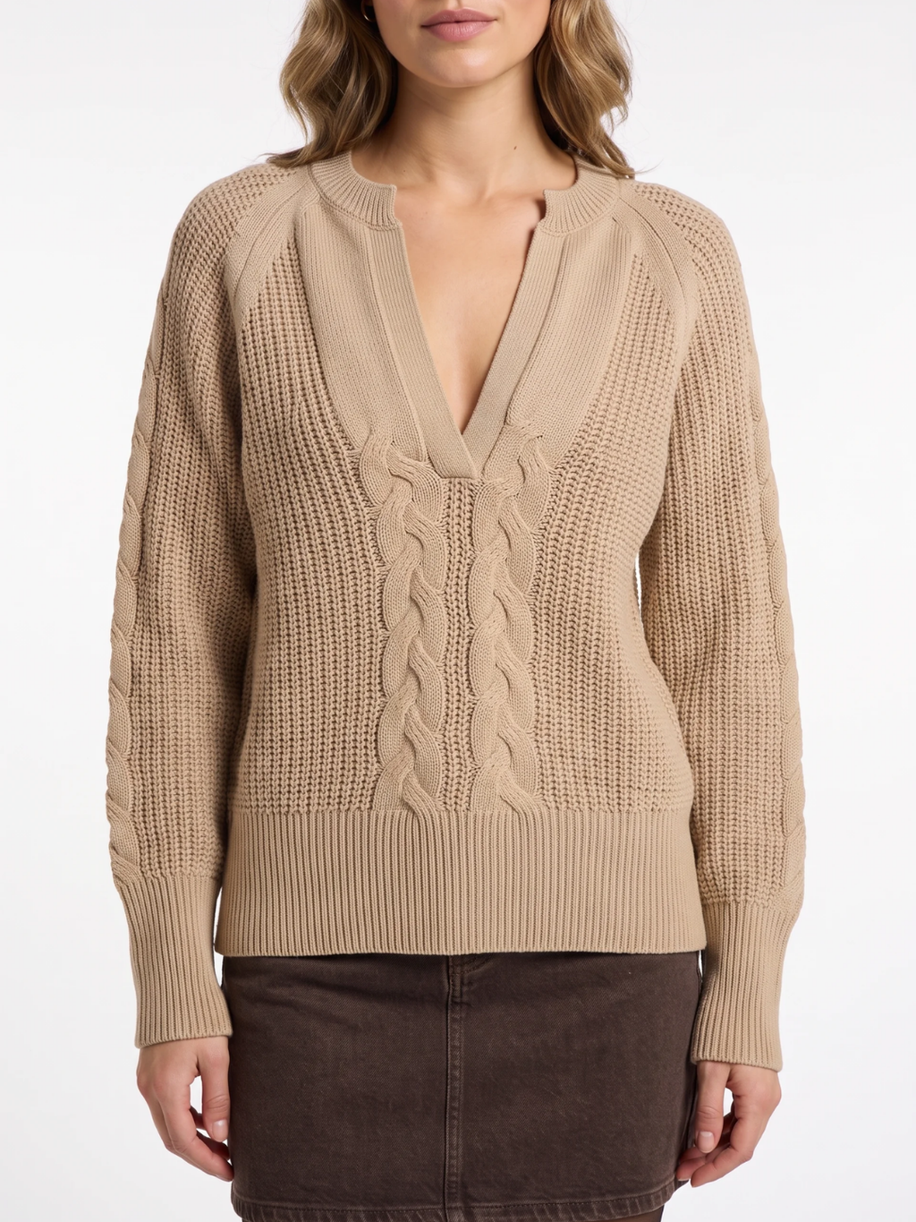 Georgina | Chunky Cable Knit Jumper, Oversized Deep V-Neck Winter Sweater