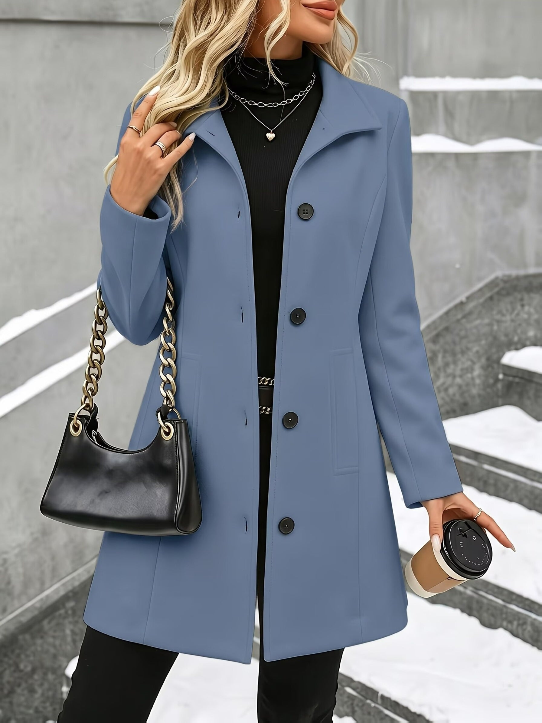 Fashion Women'S Elegant Tweed Coat Trendy Slim Solid Color Stand-Up Collar Tweed Overcoat