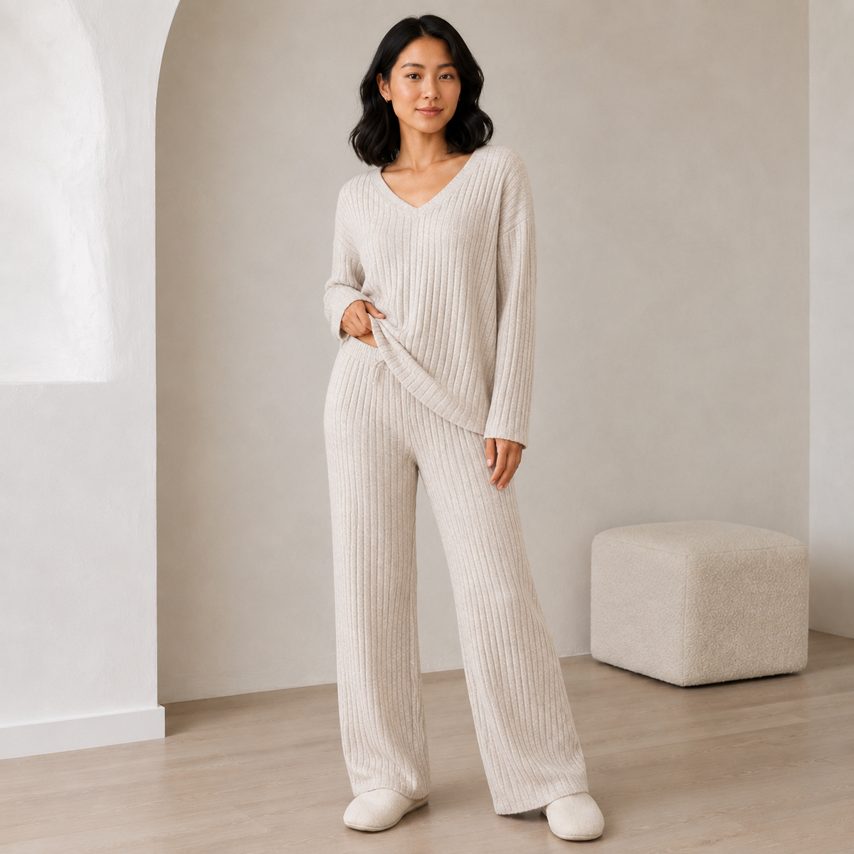 Isaline | Elegant Womens Lounge Sets with Ribbed V-Neck Top & Wide-Leg Trousers