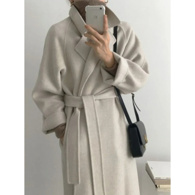 Women's Long Belted Wrap Coat with Wide Sleeves