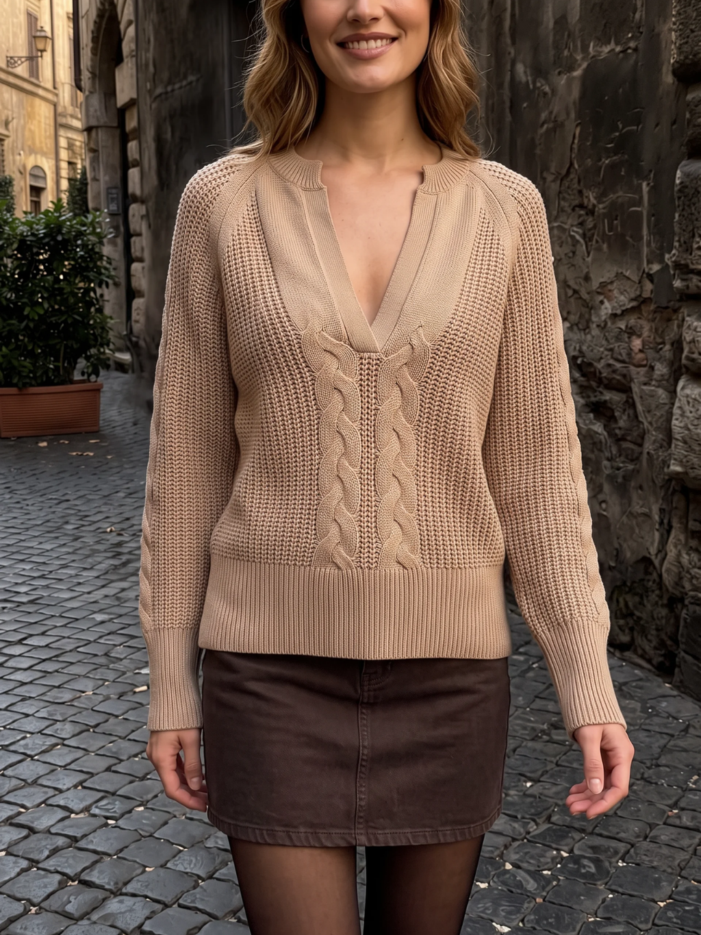 Georgina | Chunky Cable Knit Jumper, Oversized Deep V-Neck Winter Sweater