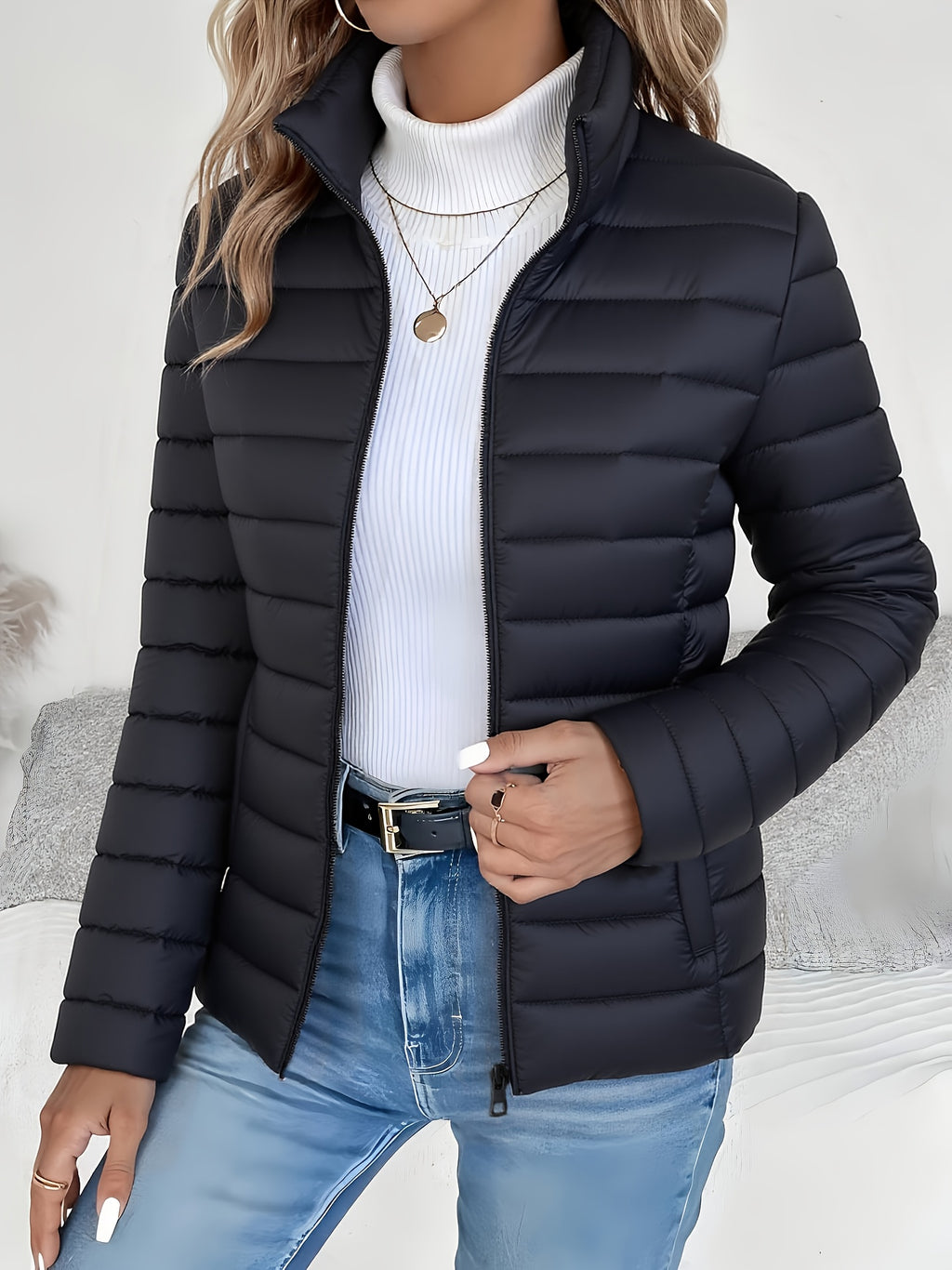 Women's Spring Slim-Fit Lightweight Warm Solid Color Jacket - Elegant, Stylish, and Versatile Beautiful Jacket - Stand Collar Zipper Long Sleeve - Casual Padded Polyester Fiber Cropped Coat - Seasonal Transition Jacket - High-Quality Classic Popular