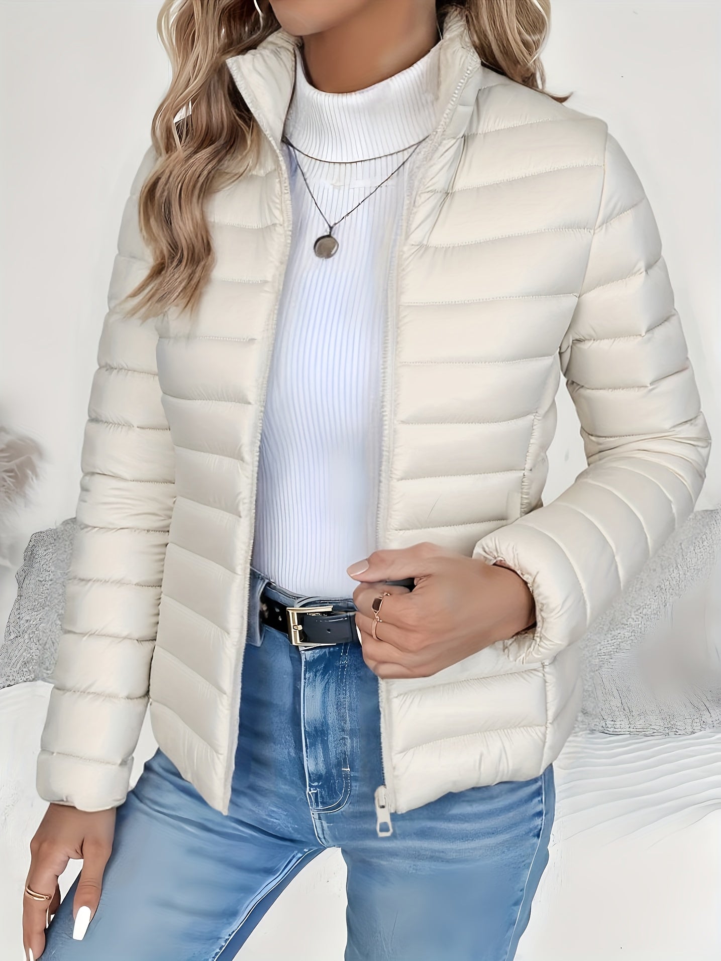 Women's Spring Slim-Fit Lightweight Warm Solid Color Jacket - Elegant, Stylish, and Versatile Beautiful Jacket - Stand Collar Zipper Long Sleeve - Casual Padded Polyester Fiber Cropped Coat - Seasonal Transition Jacket - High-Quality Classic Popular