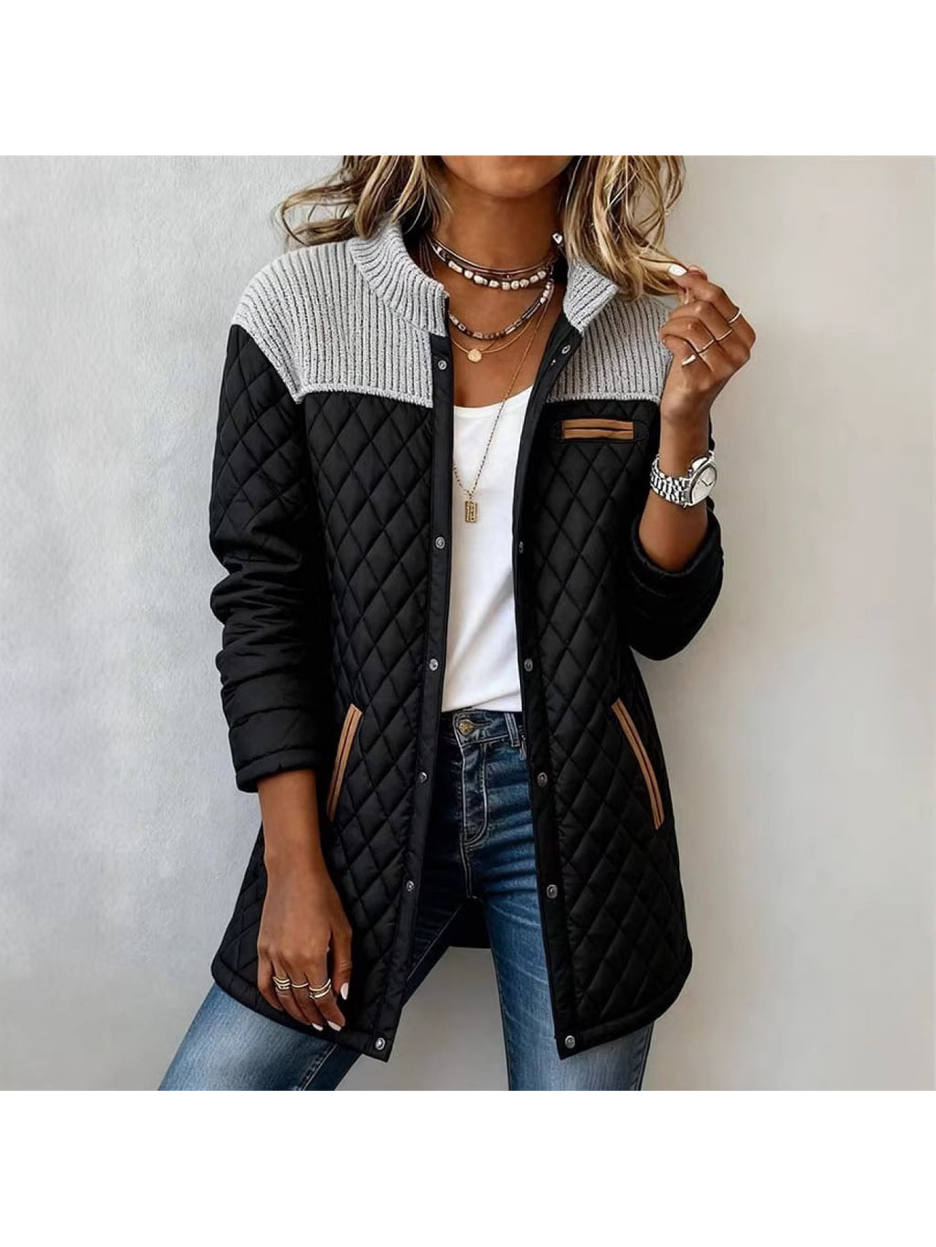 2026 Fall Winter Women'S Black Coat with Spliced Round Neck, Long Sleeves, Pockets, Loose Fit, And Diamond Quilted Padding