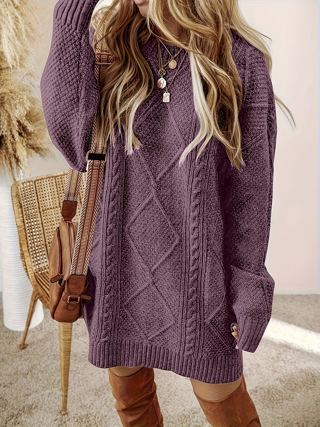 Women's Cable-Knit Jumper Dress with Round Neck