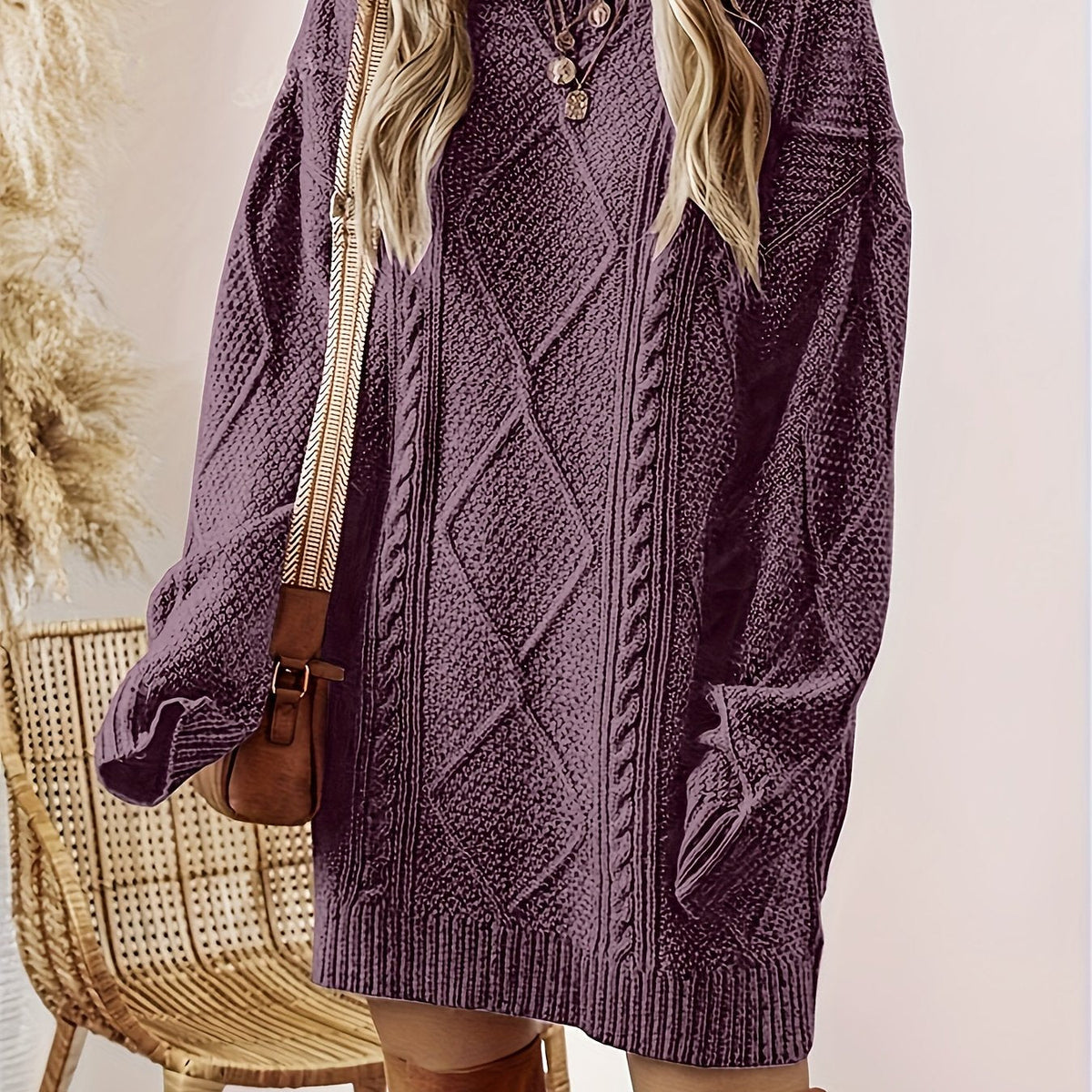 Women's Cable-Knit Jumper Dress with Round Neck