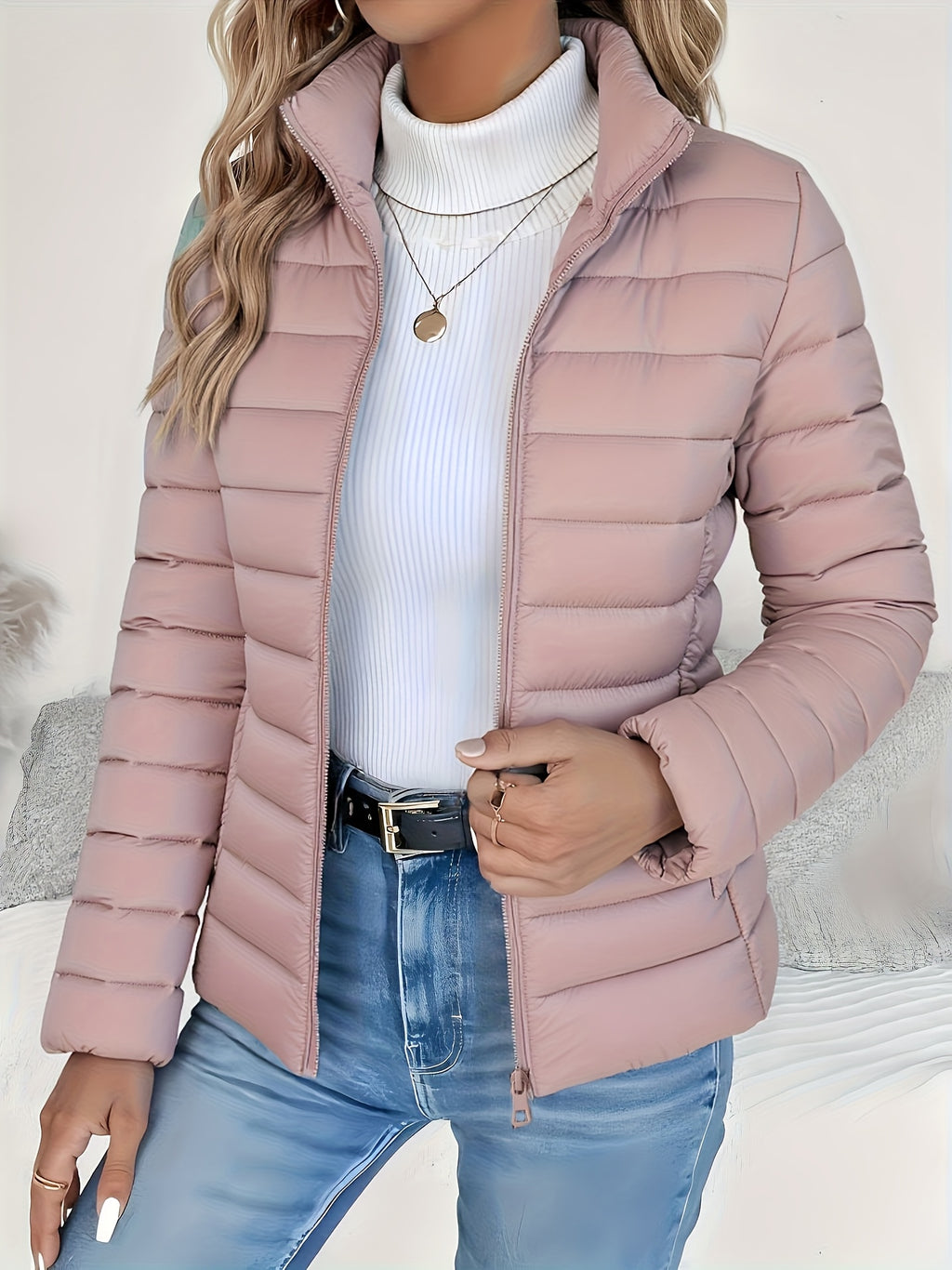 Women's Spring Slim-Fit Lightweight Warm Solid Color Jacket - Elegant, Stylish, and Versatile Beautiful Jacket - Stand Collar Zipper Long Sleeve - Casual Padded Polyester Fiber Cropped Coat - Seasonal Transition Jacket - High-Quality Classic Popular