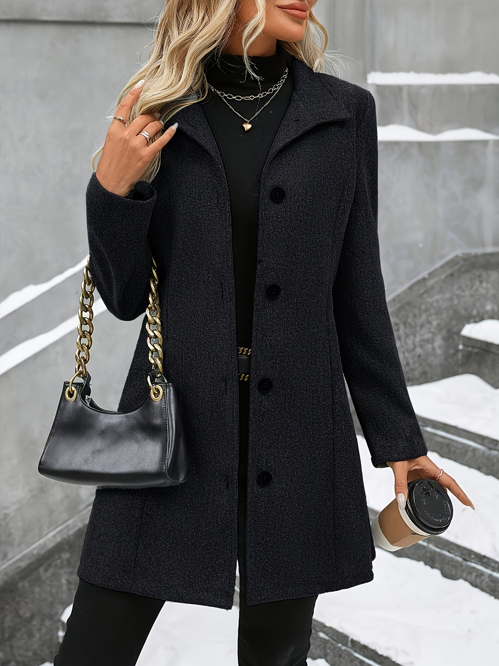 Fashion Women'S Elegant Tweed Coat Trendy Slim Solid Color Stand-Up Collar Tweed Overcoat