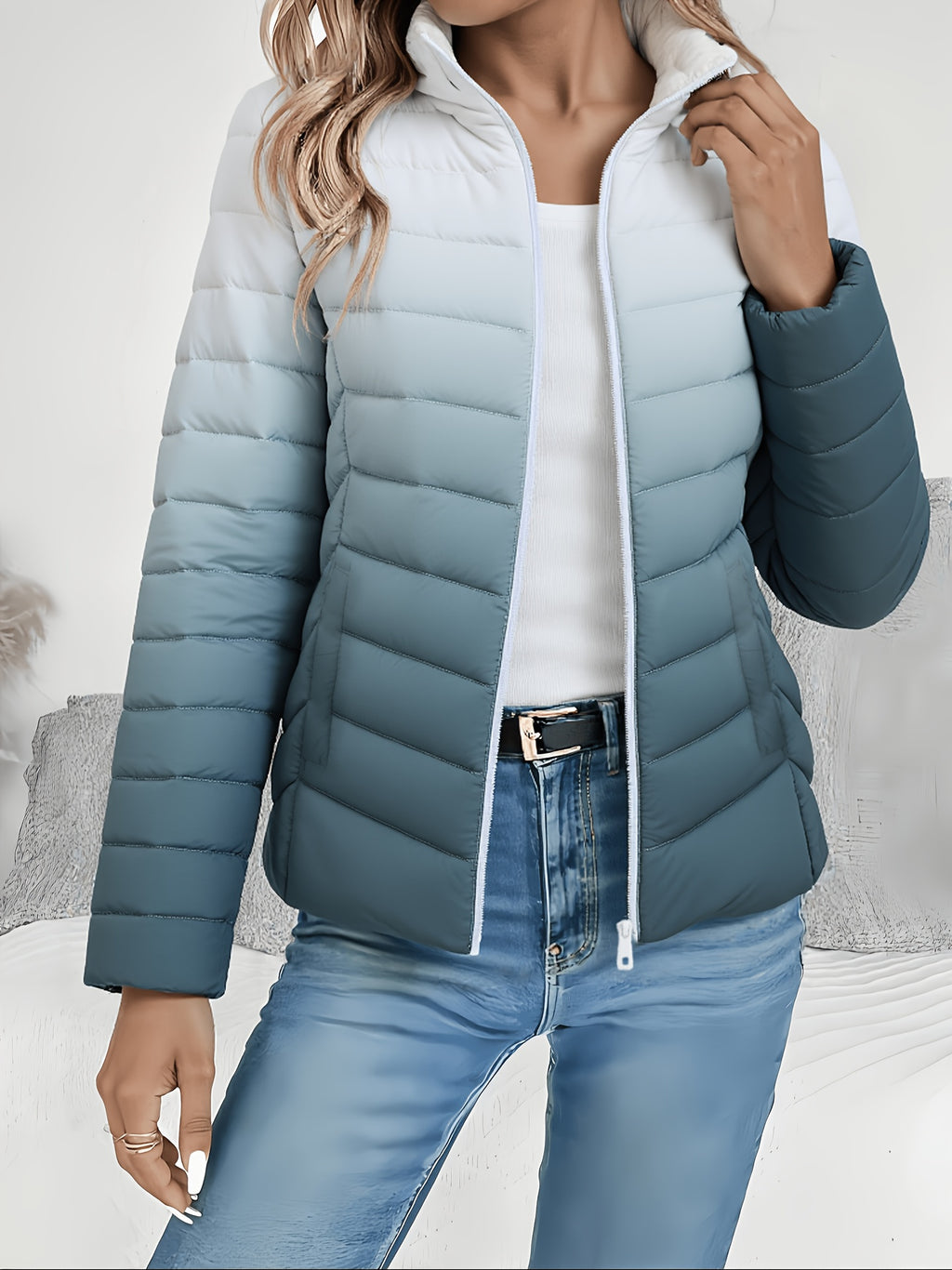 Women's Spring Slim-Fit Lightweight Warm Solid Color Jacket - Elegant, Stylish, and Versatile Beautiful Jacket - Stand Collar Zipper Long Sleeve - Casual Padded Polyester Fiber Cropped Coat - Seasonal Transition Jacket - High-Quality Classic Popular
