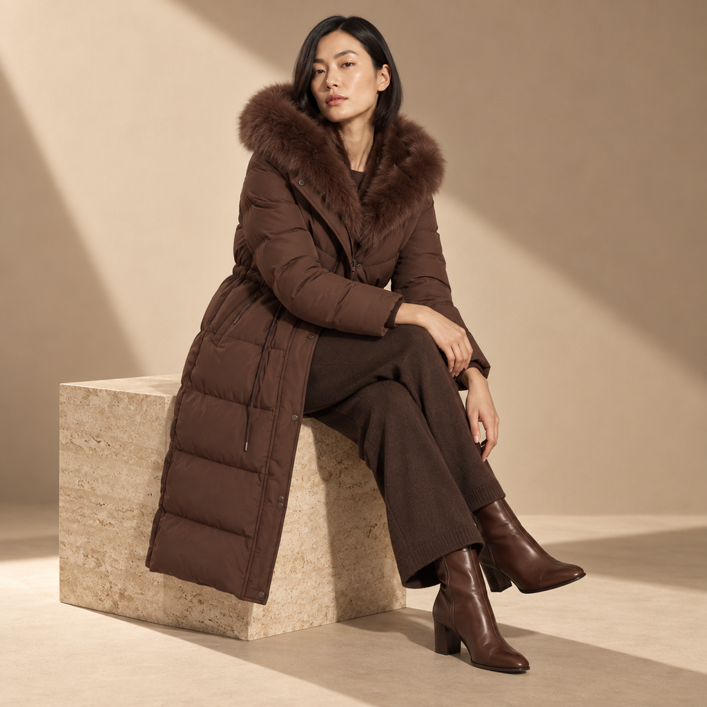Celestine | Elegant Brown Puffer Coat for Women with Longline Shape & Faux-Fur Hood
