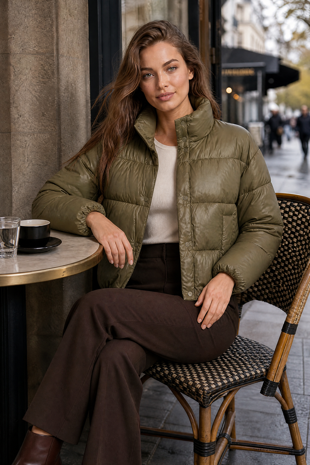 Olive Quilted High-Neck Puffer Jacket