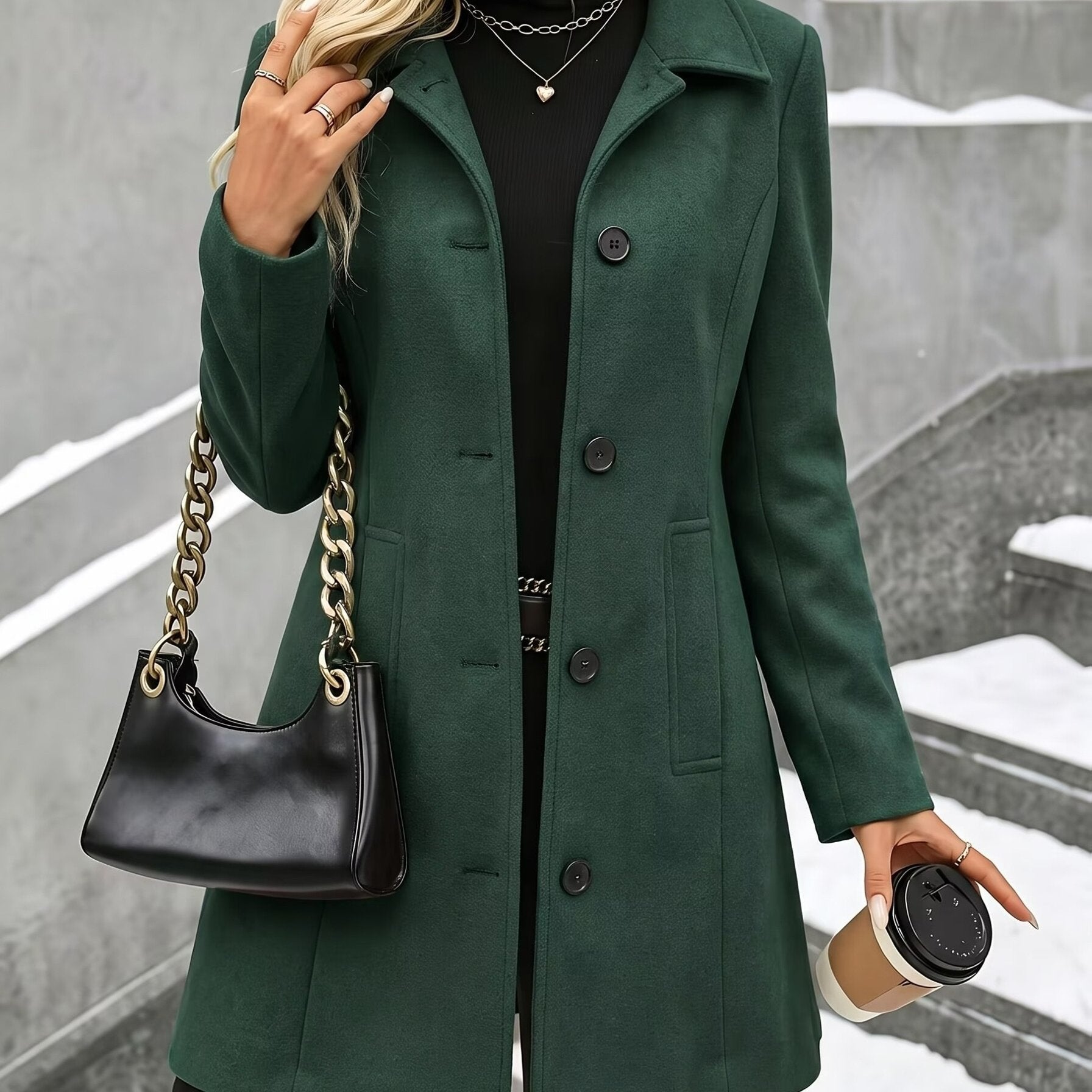 Fashion Women'S Elegant Tweed Coat Trendy Slim Solid Color Stand-Up Collar Tweed Overcoat