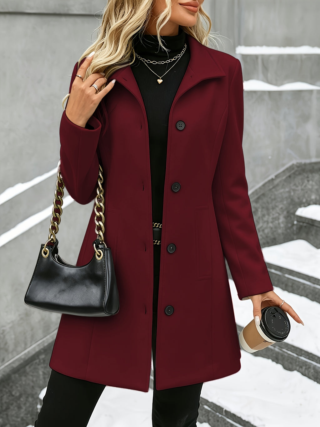 Fashion Women'S Elegant Tweed Coat Trendy Slim Solid Color Stand-Up Collar Tweed Overcoat
