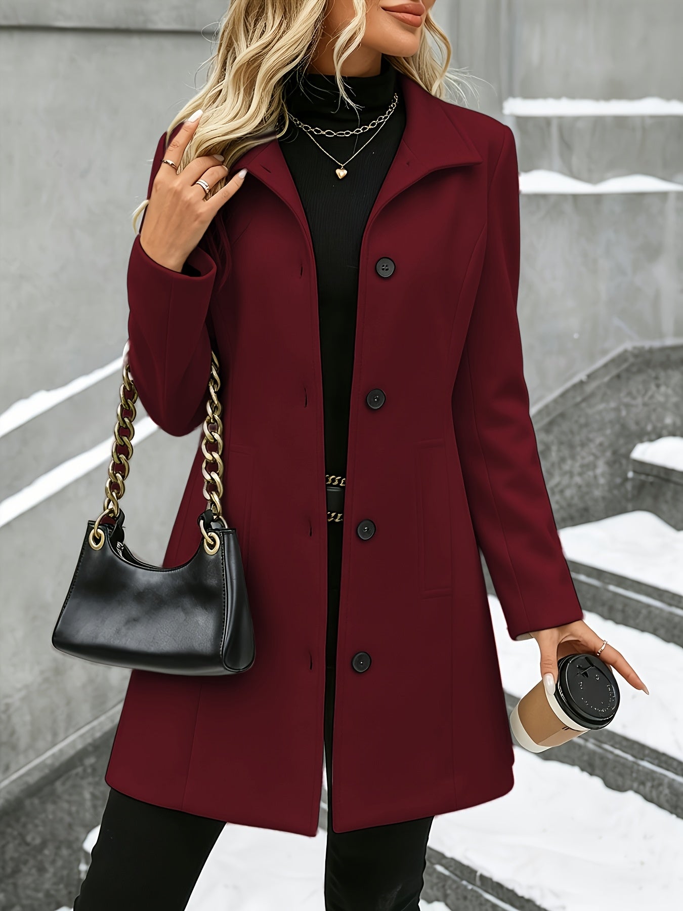 Fashion Women'S Elegant Tweed Coat Trendy Slim Solid Color Stand-Up Collar Tweed Overcoat
