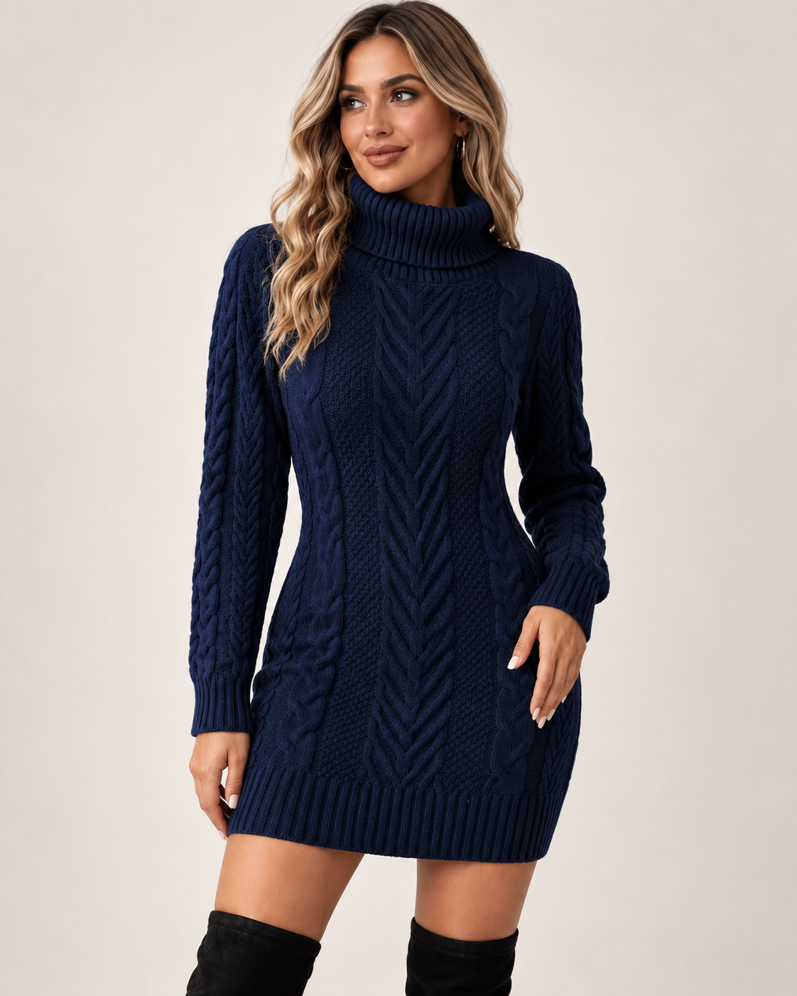 Claudine | Cosy Cable Knit Jumper Dress for Women with High Roll Neck