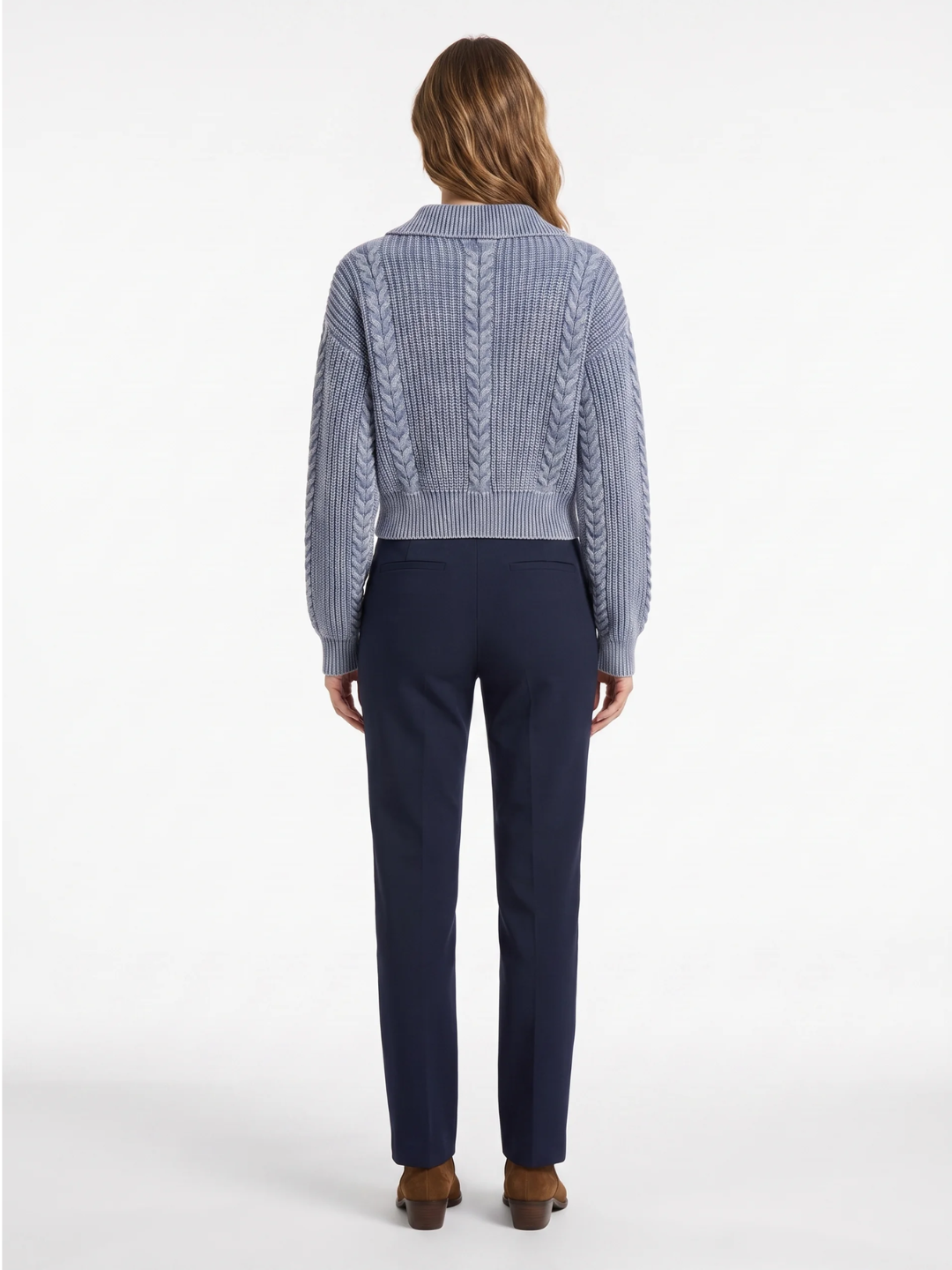 Beatrice | Chunky Cable Knit Polo Jumper, Cropped Acid Wash Winter Sweater